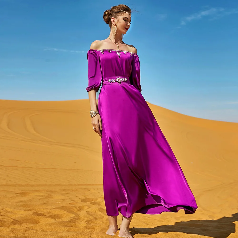 Women's Long Diamond Abaya Muslim Dress Solid Color With Belt Laftan Dubai Turkey Arab Islamic Moroccan Caftan Evening Dresses