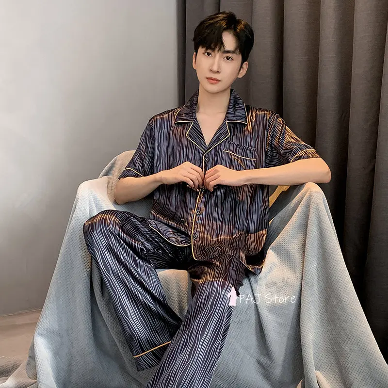 Men Sleepwear Silk Satin Pijama Set Pajama Sets Short Sleeve Sleep Home Clothes Man 2 Pieces Sets Home Suits Pyjamas L-5XL