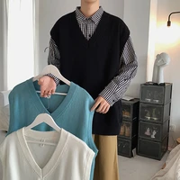korean style sweater vest mens casual solid color loose pullover knitting vest mens fashion sleeveless v neck sweater top
