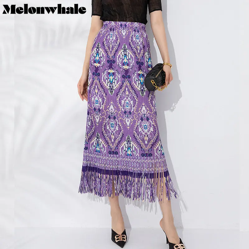 

MelonWhale Tassels 2023 Summer Pleated A-line Long Skirts Women High Elastic Wasit Geometric Prints Loose Elegant Female