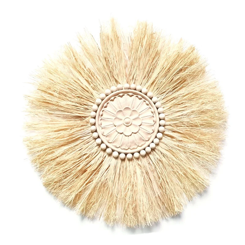 

Boho Handmade Woven Straw Wall Decor Moroccan Wood Beads Wall Hanging Ornament Round Home Decoration For Living Room