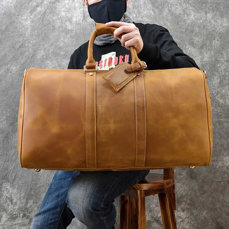 Leather Men's Genuine Overnight Tote Thick crazy horse leather Travel Duffle Zip-around Luggage Male Weekend Bag