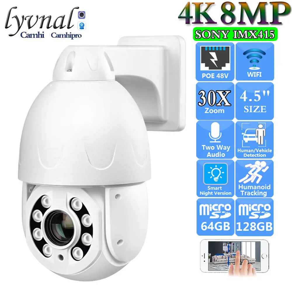 

UHD 4K 8MP Sony415 Wireless Security IP Camera Wifi PTZ Dome 5MP POE 30X Zoom Two Way Audio Human Tracking Color Night Vision