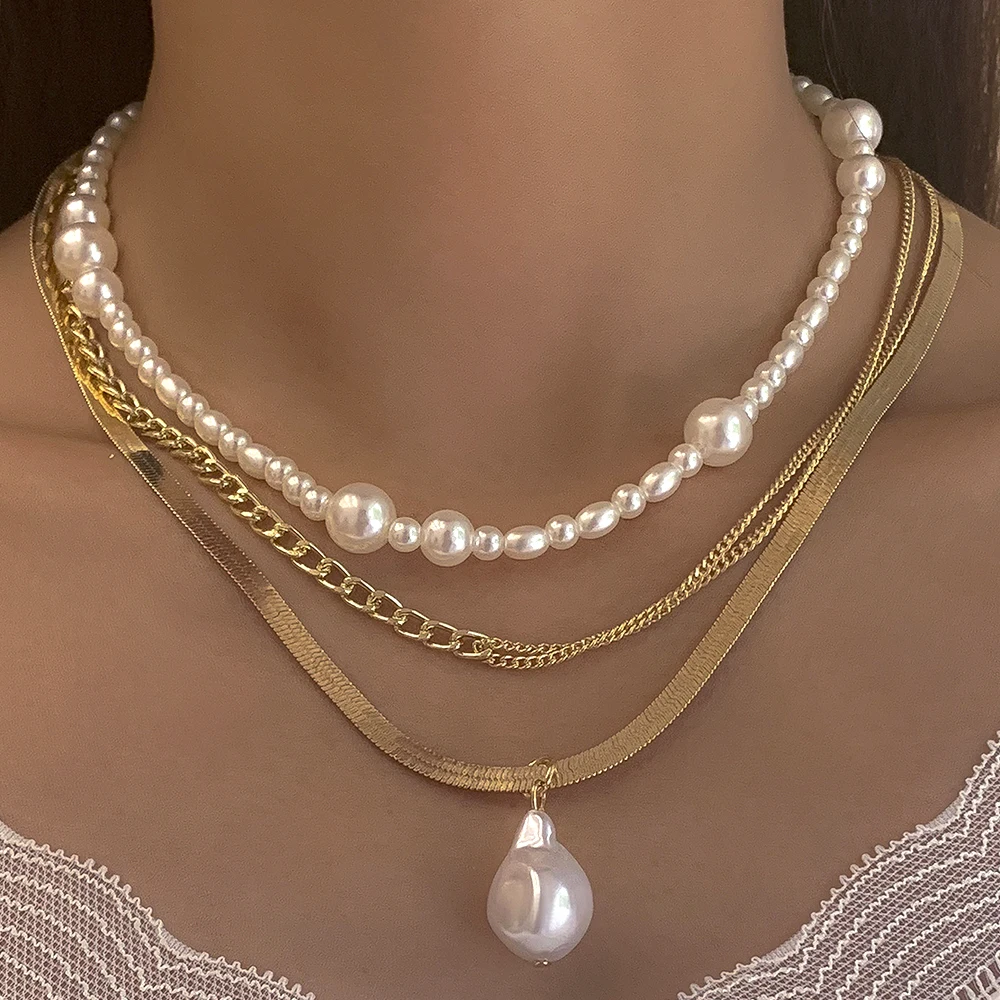 

Lacteo 3pcs/set Retro Gold Color Snake Chain Necklace Choker for Women Jewelry Simulated Pearl Pendant Clavicle Chain Gift New