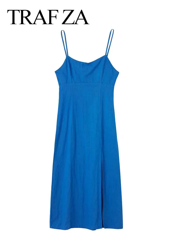 

TRAF ZA Ladies Thin Sling Dress Solid Color Royal Blue Sleeveless Backless Elastic Slim Sexy Simple Slit Summer Dress Women Wear