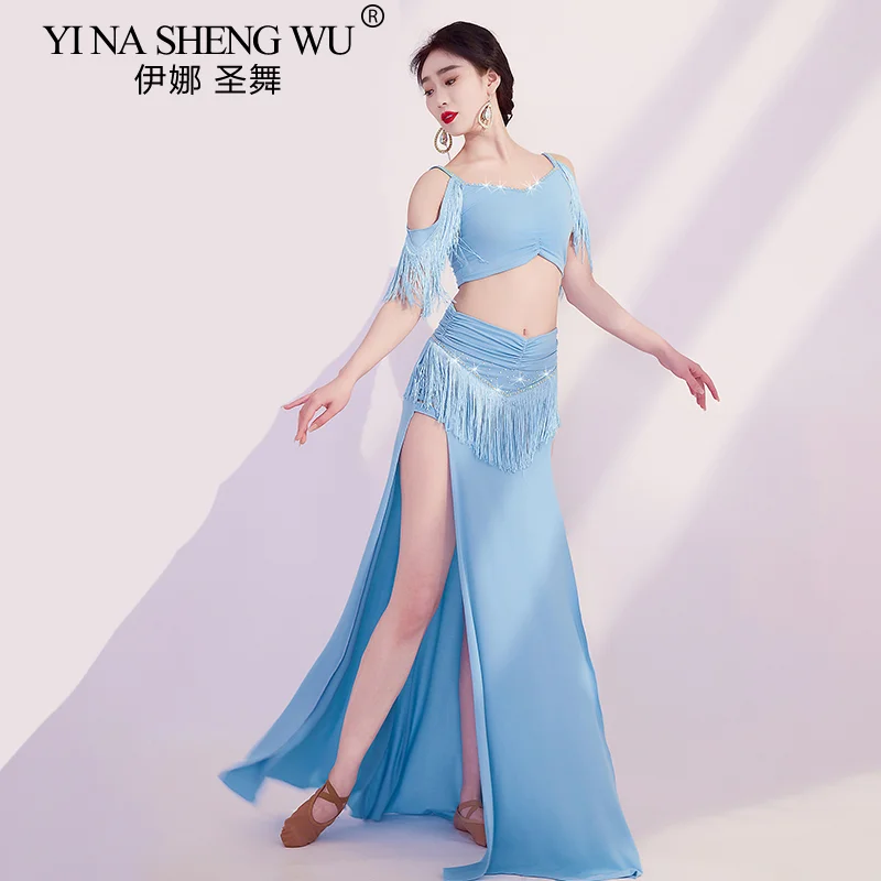 Костюм для танца живота женский блестящий топ без рукавов с бахромой и длинная