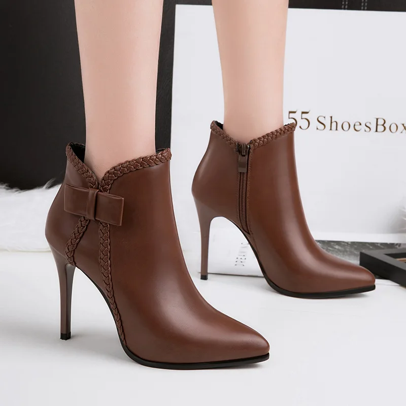 

New Arrived Women 10.5cm Thin High Heels Short Boots Fall Shoes Woman Butterfly-knot Black White Brown Boot Lady Bootie Female