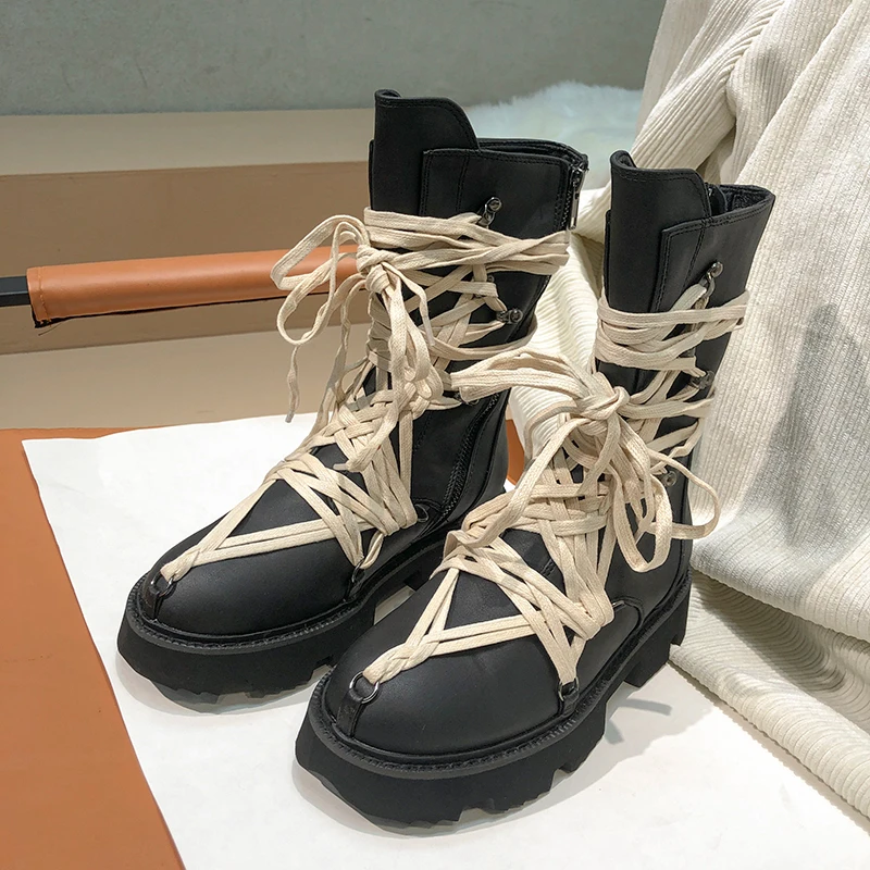 Autumn Winter Fashion Boots Women British Style Thick-Soled High-Top Lace-Up Long Boots Side Zipper Leather Single Shoes