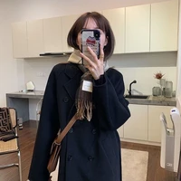 coat autumn and winter new korean woolen coat womens classic retro double breasted loose and slim medium and long woolen
