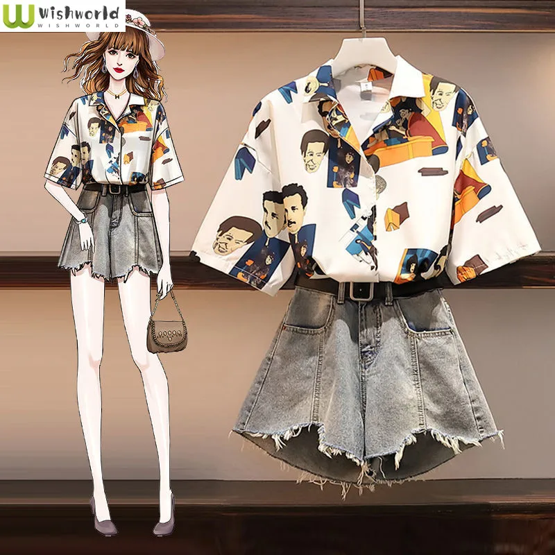 

Женский элегантный комплект из двух предметов, шифоновая рубашка и джинсовые шорты с индивидуальным дизайном, комплект из двух предметов, лето 2022