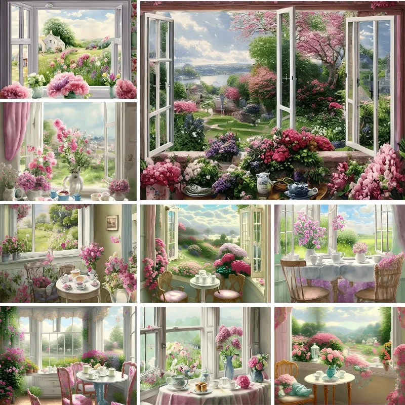 

Diamond Painting Kit Spring Flowers on Table Open Windows Pictures Decor Square/Round Diamond Embroidery Mosaic Wall Sticker
