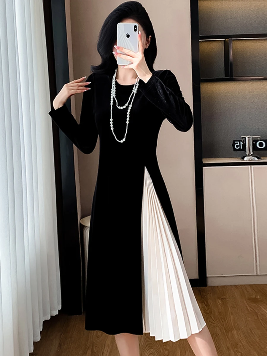 Высококлассный дизайн бархатное лоскутное платье с круглым вырезом осень-зима