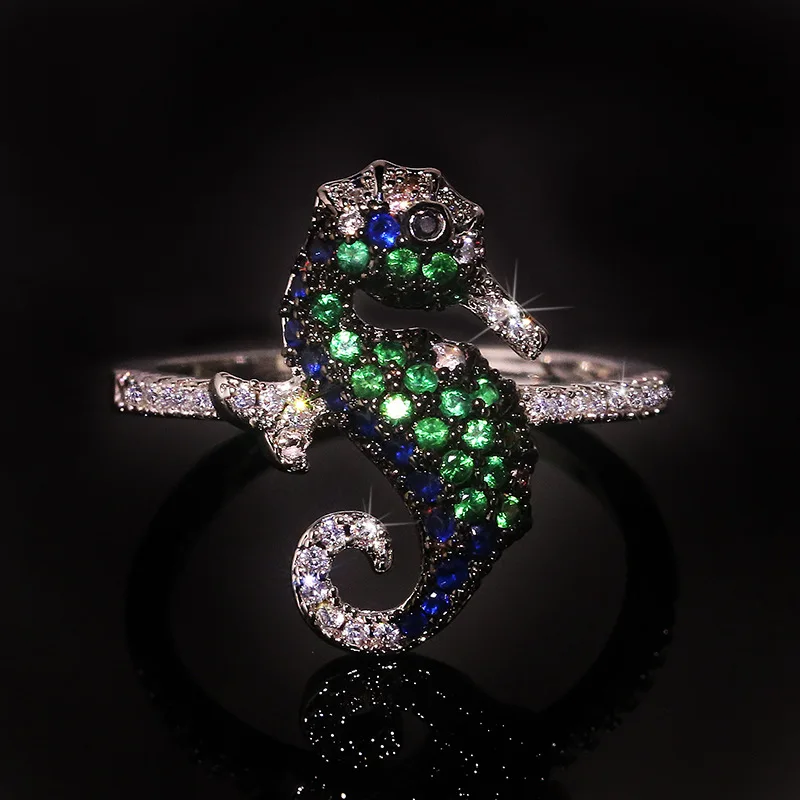 

Cute Seahorse Hippocampus Ring with Bling Zircon Stone Silver Color Wedding Engagement Ring Women Fashion Jewelry 2022