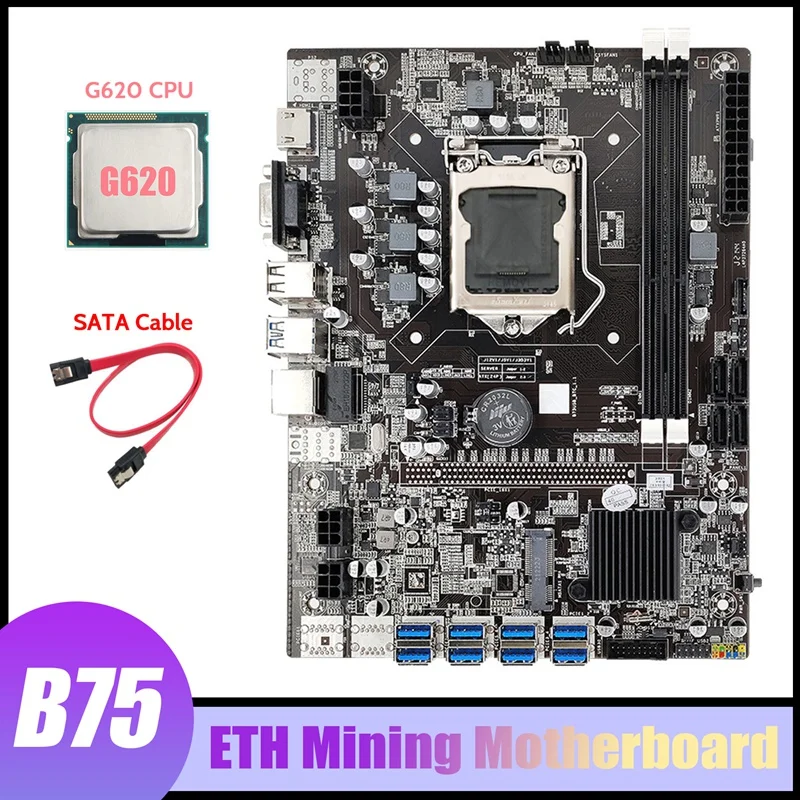 

NEW-B75 ETH Mining Motherboard 8XPCIE USB Adapter+G620 CPU+SATA Cable LGA1155 DDR3 MSATA B75 USB Miner Motherboard