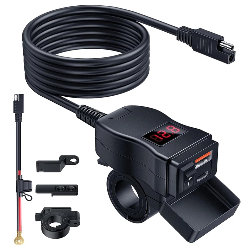 Motorcycle USB Charger Dual Type C PD &amp Quick Charge 3.0 Phone With Voltmeter On/Off Switch