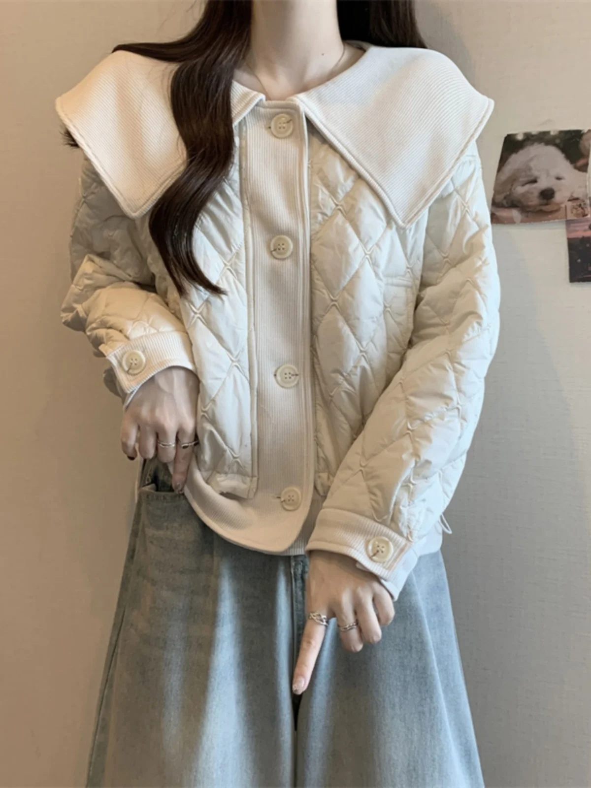 Western Sle Doll Collar Rhombus Cotton-Padded Coat Outerwear Women Autumn and Winter Plus size Fat Sister High-End Design S...