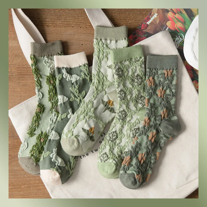 

2023 New Ethnic Vintage Green Japanese Sweets Floral Embroidery Long Socks Autumn Winter Women Retro Cotton Thermal Stockings