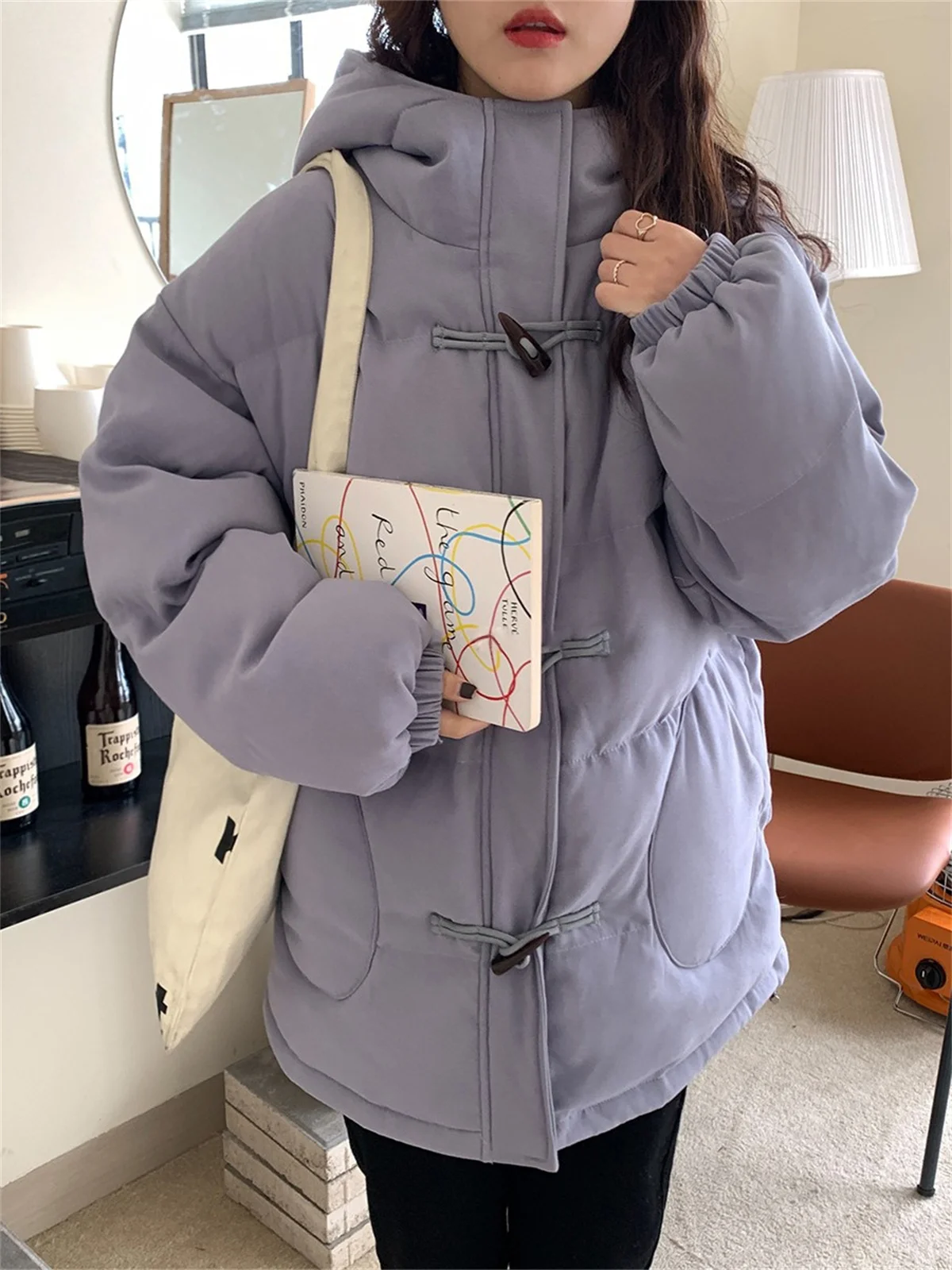 Korean 2022 New Autumn and Winter Girls' Horn Button Harajuku Style Hooded Peach Velvet Thick Coat Warm Cotton Jacket