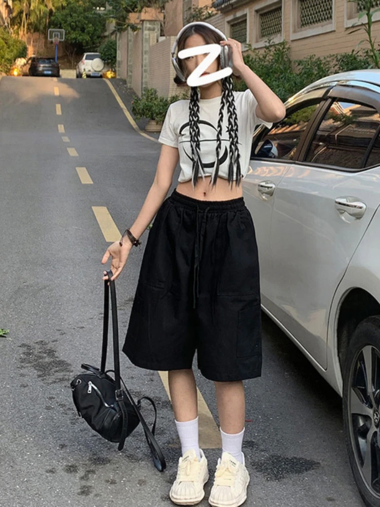 HOUZHOU Harajuku Korean Style Khaki Cargo Shorts Women Kpop Streetwear Hippie Oversized Black Wide Leg Short Pants Knee Length