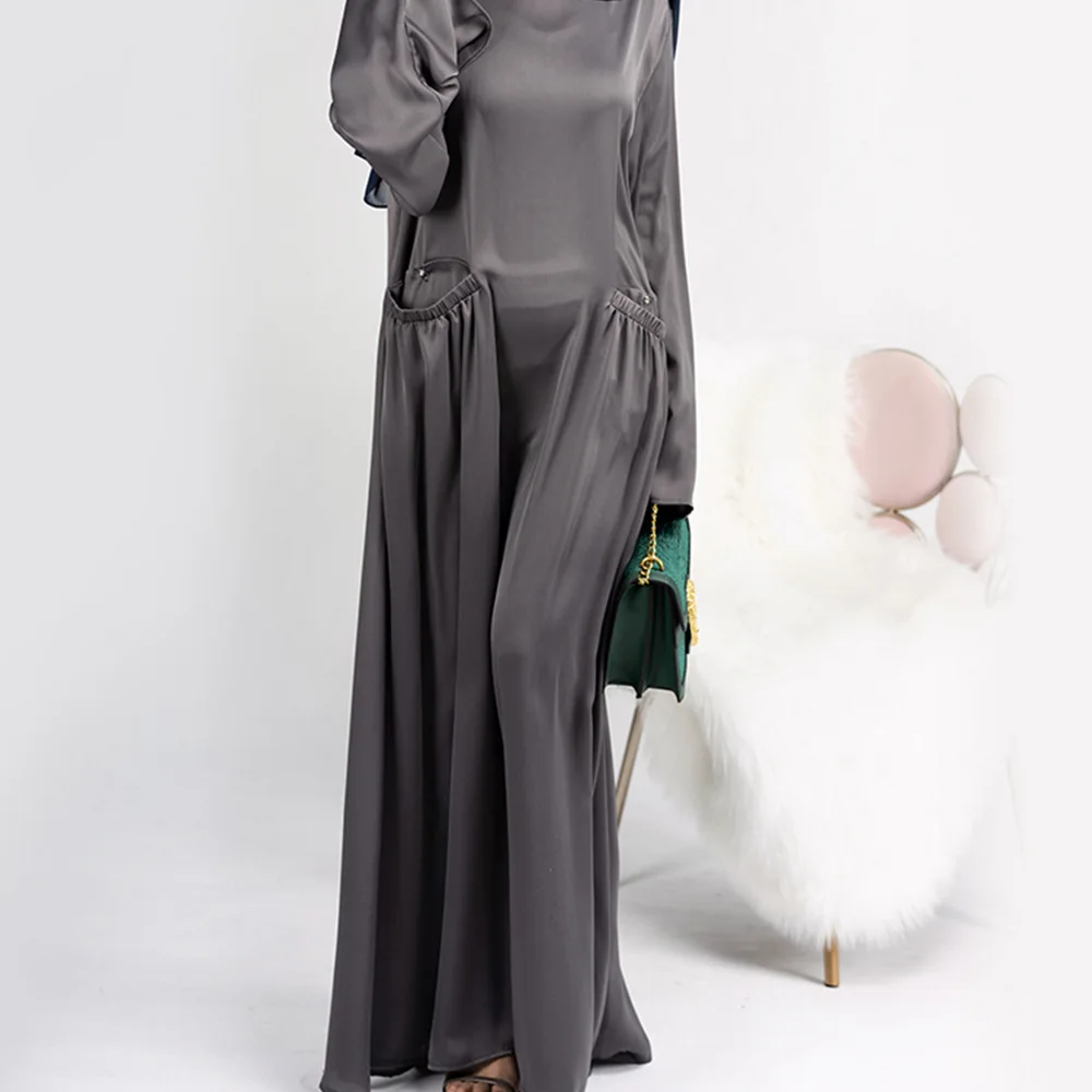 Muslim Woman Abaya Hijabs Dresses Turkey Dubai Islamic Clothing Moroccan Caftan Solid Color Loose Pocket Flared Sleeve Robe