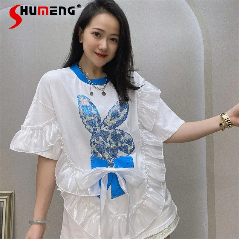 

Новинка лета, пуловер с круглым вырезом, свободная футболка с коротким рукавом, европейские товары, модная футболка с листьями лотоса, топы ...