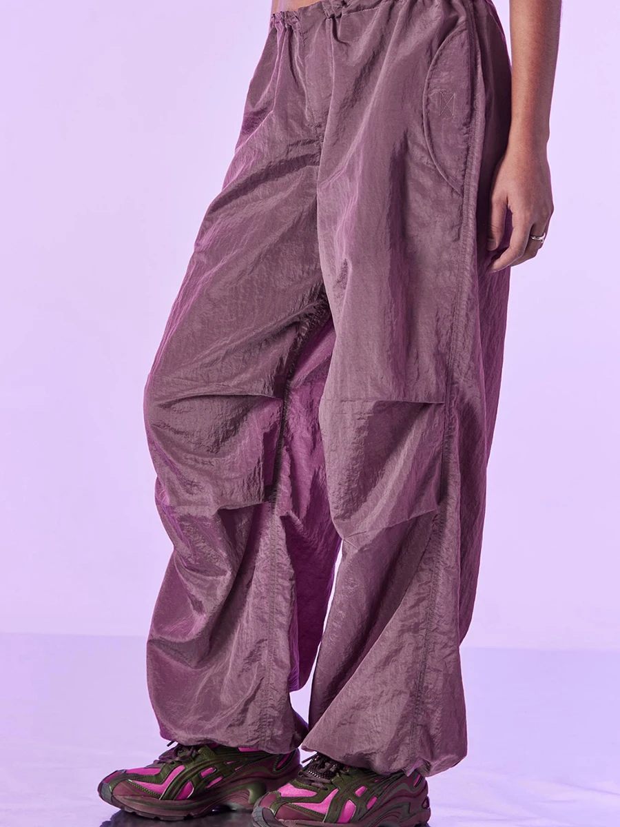 sawakaka Women s Baggy Cargo Pants Drawstring Low Waist Solid Color Wide Leg Track Pants with Pockets Streetwear (Dark Purple