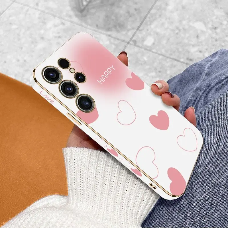 Pink Heart Luxury Plating Phone Case For Samsung Galaxy S23 S22 S21 S10 S9 S8 Plus Note 20 ultra 10 Plus Cover