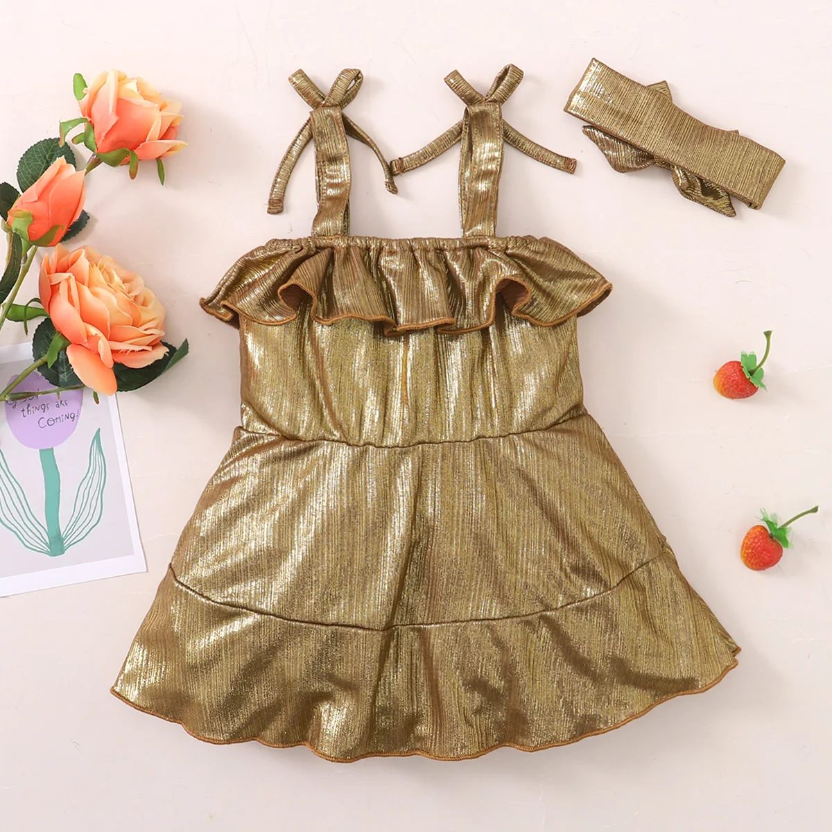 

Hibobi Baby Girl Bow Strap Gold Dress Two-Piece