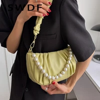 swdf fashion beads pu leather small shoulder bags with pleats for women 2022 summer cute handbag and purses folds crossbody bag