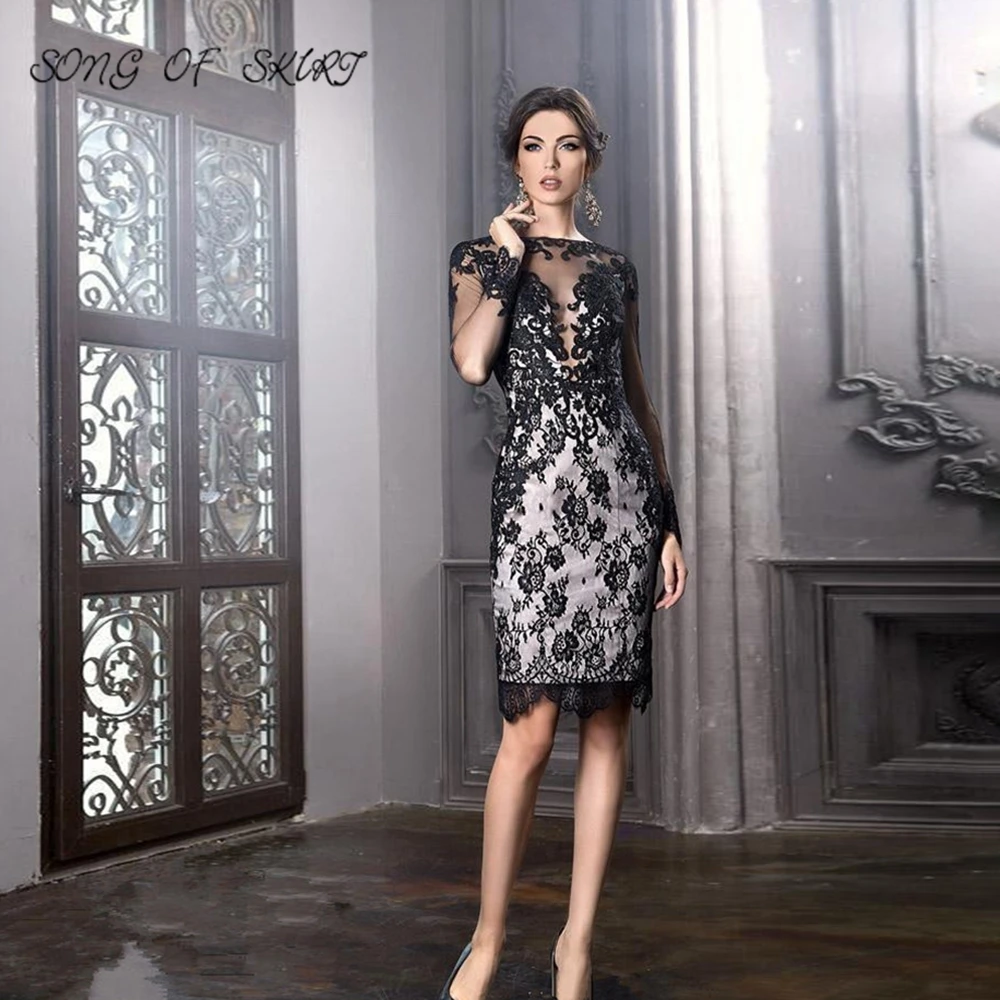 

Черные кружевные платья для матери невесты, Длинное Свадебное Платье До Колена без рукавов, иллюзионное официальное платье с круглым вырезом