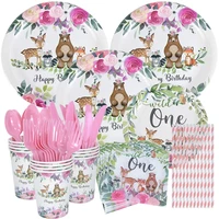 baby girls 1st first birthday party decorations forest animals theme party tableware dispossable pink dinner plates