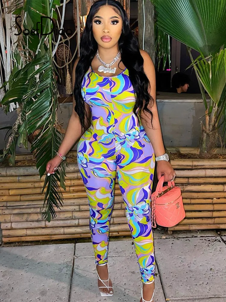 

Soefdioo Printed Spaghetti Straps Backless Bodycon Rompers Women Jumpsuit Summer 2022 Fashion Overalls One Piece Outfit