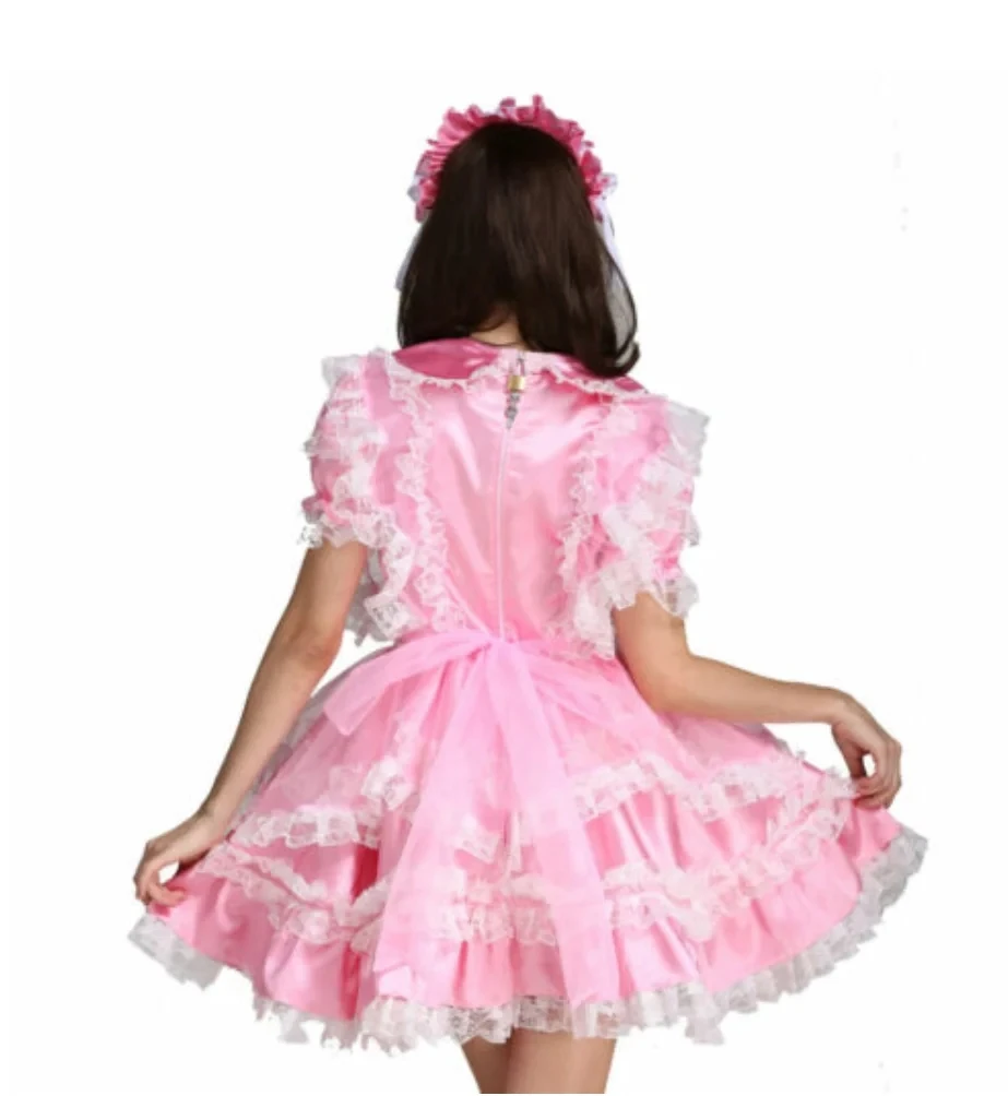 Розовое гладкое тонкое атласное милое платье с кукольным воротником тонкая юбка