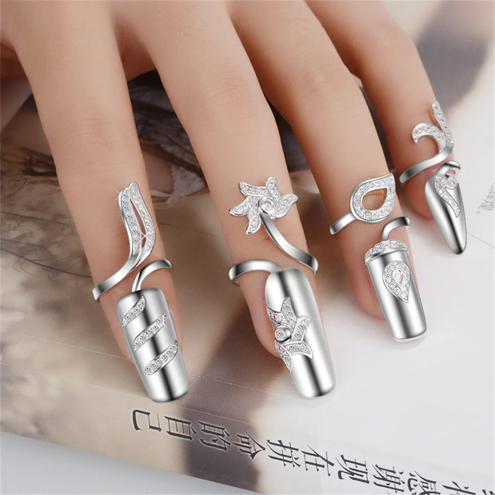 2022 Fashion Trend Wearable Nail Jewelry 1Pcs Creative Open Knuckle Ring Nails For Women Diamond Nail Set Jewelry Wholesale
