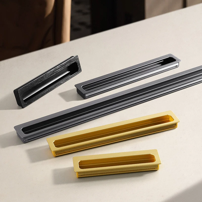 Modern minimalist embedded grooved sliding door handle, black embedded extended cabinet drawer, wardrobe door handle