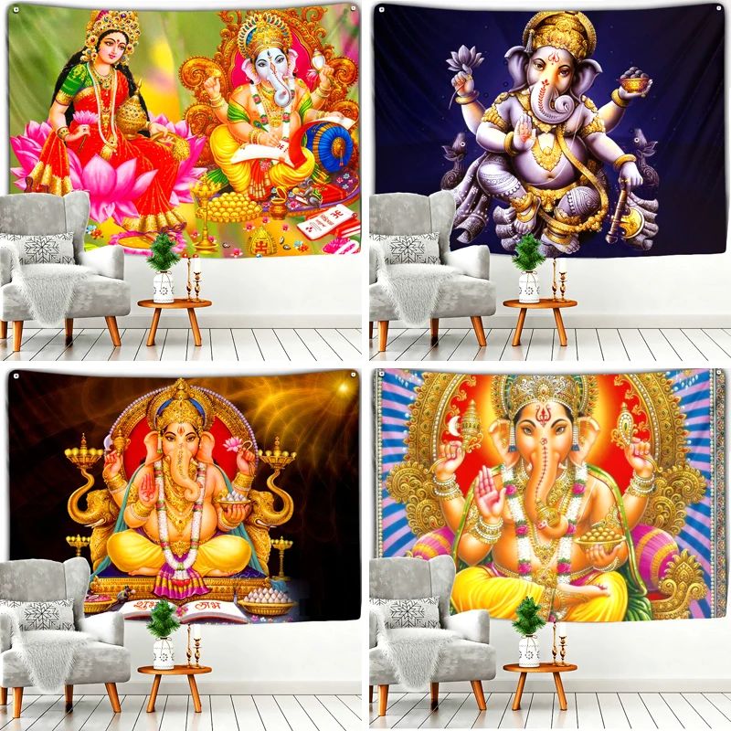 

Dieu Ganesha Tapestry Esotericism Colorful Elephant Wall Hanging for Religious Ceremony Hindus Home Living Room Spiritual Decor