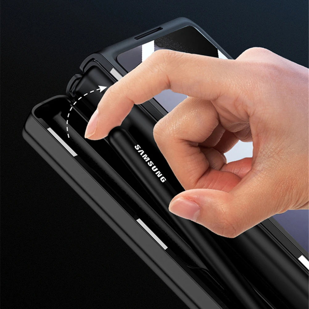 Hidden S Pen Holder Cover for Samsung Galaxy Z Fold 5 Fold5 Case Magnetic Hinge Leather Skin Hard PC Kickstand with Glass Film