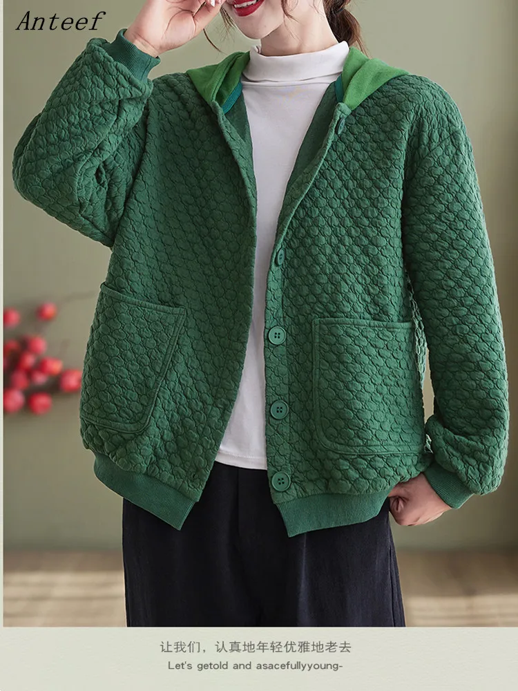 

Хлопковые винтажные куртки с капюшоном больших размеров для женщин, Повседневная Свободная весенне-осенняя зимняя куртка, пальто 2022, кардиган, одежда, верхняя одежда