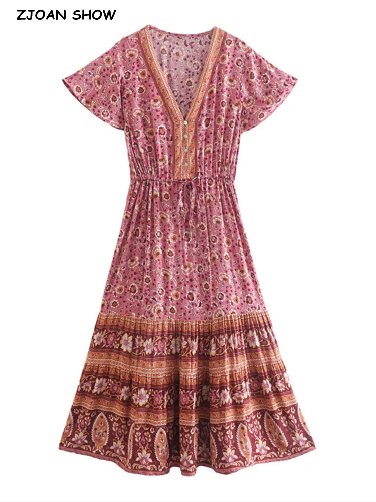 

2022 Summer Bohemia V neck Pink Floral Print Midi Dress BOHO Woman Adjustable Waist Short Sleeve Holiday Dresses Beach Robe