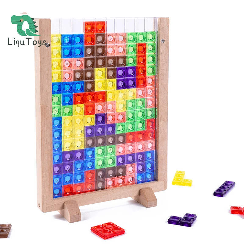 

LIQU Wooden Blocks Puzzle Brain Teasers Toy Tangram Jigsaw Intelligence Colorful 3D Russian Blocks Game STEM Montessori