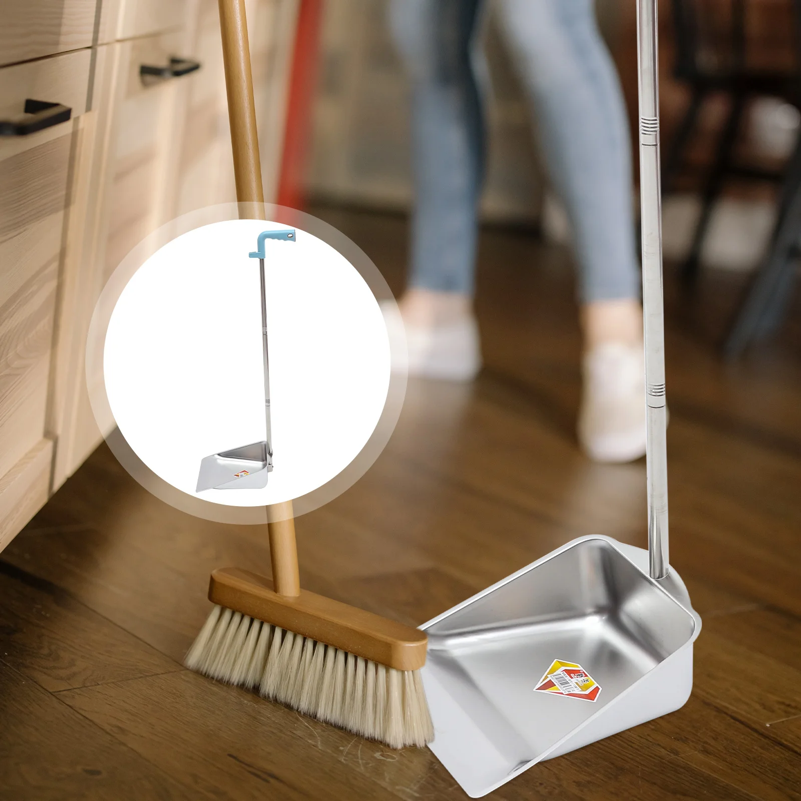 

Dustpan Pan Cleaning Stainless Steel Garbage Handle Broom Sweeper Set Lobby Office Trash Stand Up Handled Indoor Standing Waste