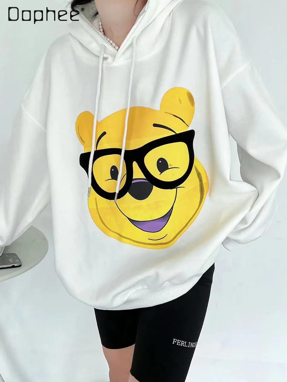 

Female 2022 Spring and Autumn New Korean Casual Fashion White Sweatshirts Top Women's Cartoon Printed Loose Hooded Hoodie Coat