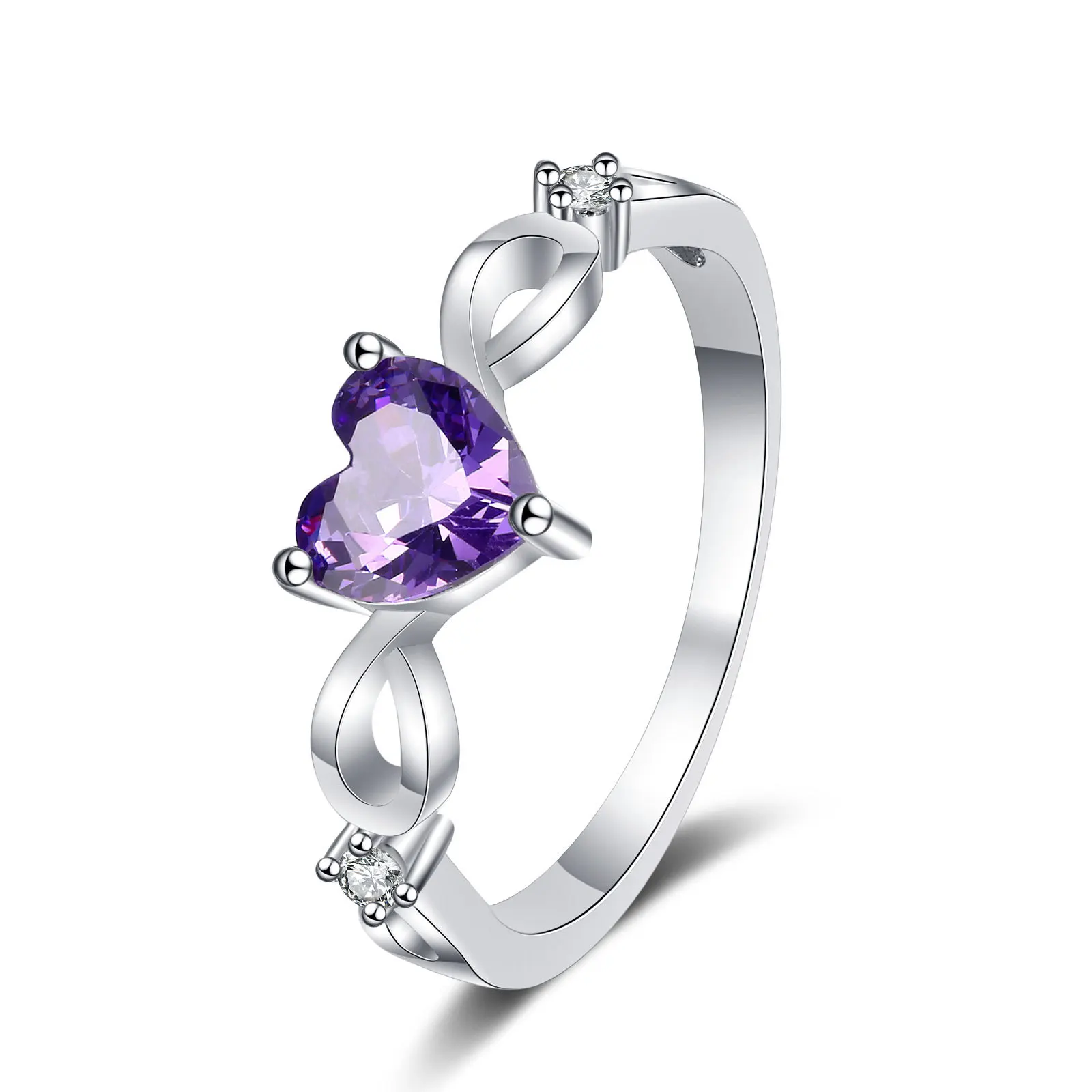 

New S925 Sterling Silver Natural Amethyst Heart Ring Fashion Simple Ladies Gemstone Ring