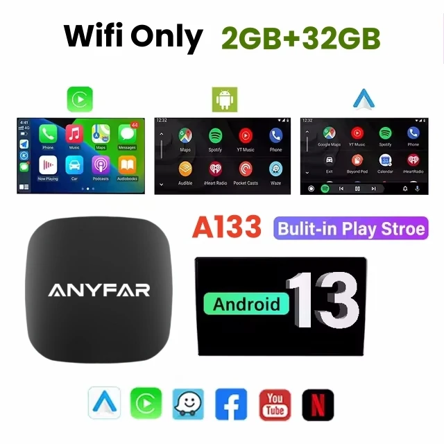 

ANYFAR 3-в-1 CarPlay Ai Box Android 13 Беспроводной USB-адаптер С Памятью 2 ГБ/32 ГБ Для YouTube И Netflix