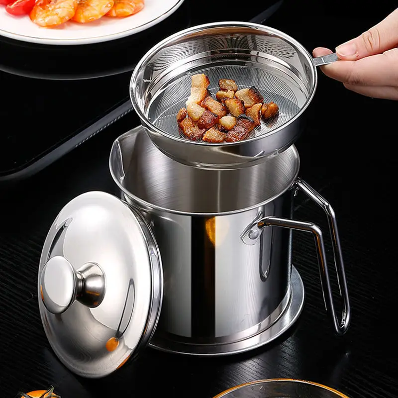 1.3L Kitchen Stainless Steel Oil Filter Pot with Tray High Capacity Lard Tank Residue Strainer Grease Separator Cooking Utensils - купить по