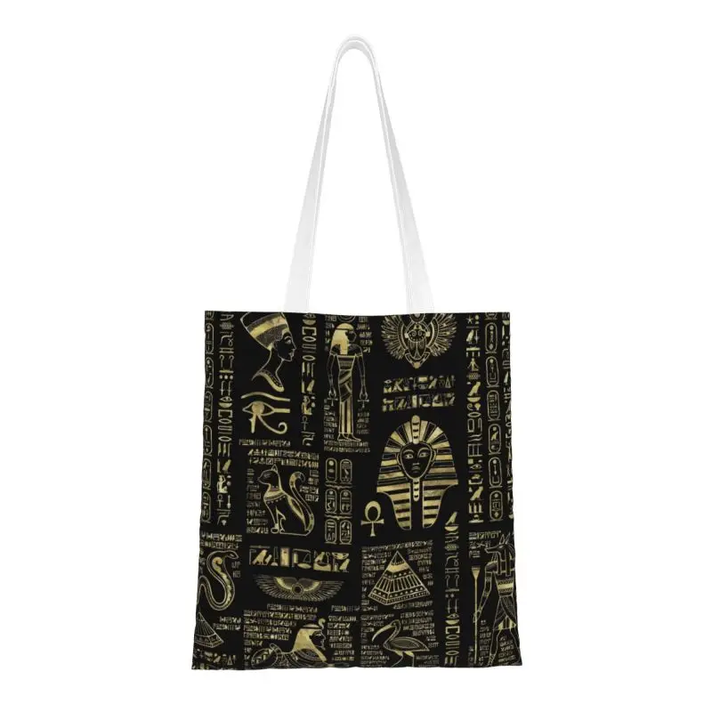 

Egyptian Hieroglyphs And Deities Gold Shopping Bag Women Canvas Shoulder Tote Bag Washable Ancient Egypt Grocery Shopper Bags