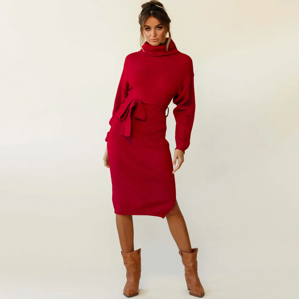 Keep warm Knitted Bodycon Dress Bottoming Women Soft Elastic Turtleneck Sweater Autumn Winter Midi Party Dresses With Belt
