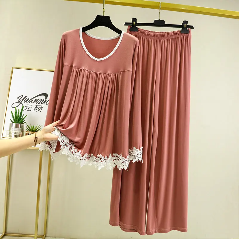 Women's Pajamas Set Modal NEW Soft Casual Sleepwear Set Women Pajama Set Full Sleeves Fashion Lace V-Neck Shirt Pant Homewear