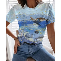 womens summer 3d printing painting short sleeve t shirt round neck gentle and elegant top european and american trend