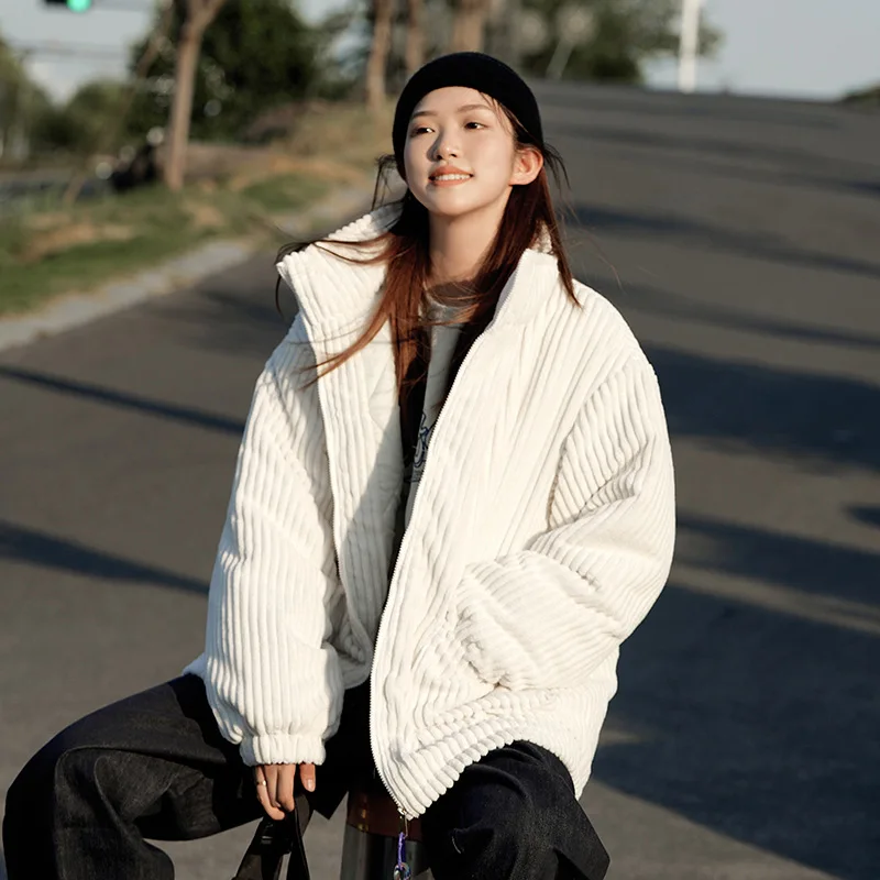 Korean Style 2022 Winter Corduroy Short Jacket For Women Black Loose Coats Casual Bread Warm Girl Oversize Coat Thick Parkas